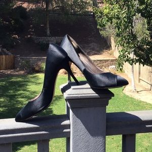 Joan & David Black Satin with Black Grosgrain detail - Size 8 1/2